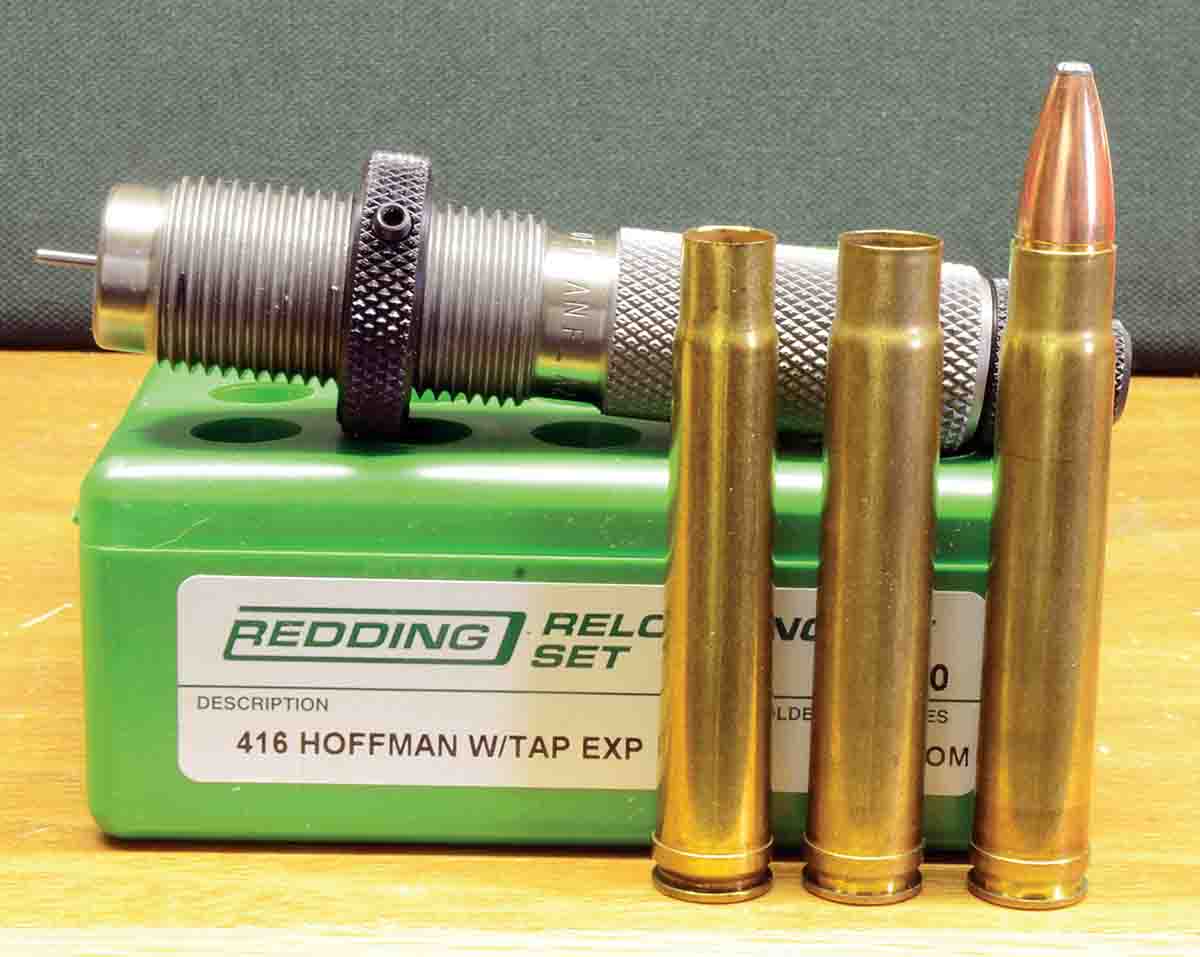 George Hoffman formed his cartridge by necking up the 375 H&H Magnum case and fireforming to decrease body taper and sharpen shoulder angle. The tapered expander in the Redding full-length sizing makes necking up easy with no case loss. Left to right: a 375 H&H Magnum case, a case necked up and fireformed and a 416 Hoffman loaded round.